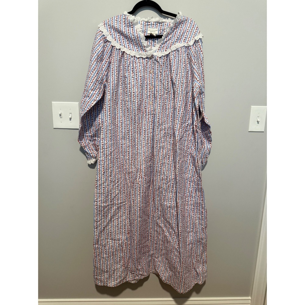 Kim Rogers Intimates Cotton Nightgown Blue White Stripe Floral Lace Trim Large